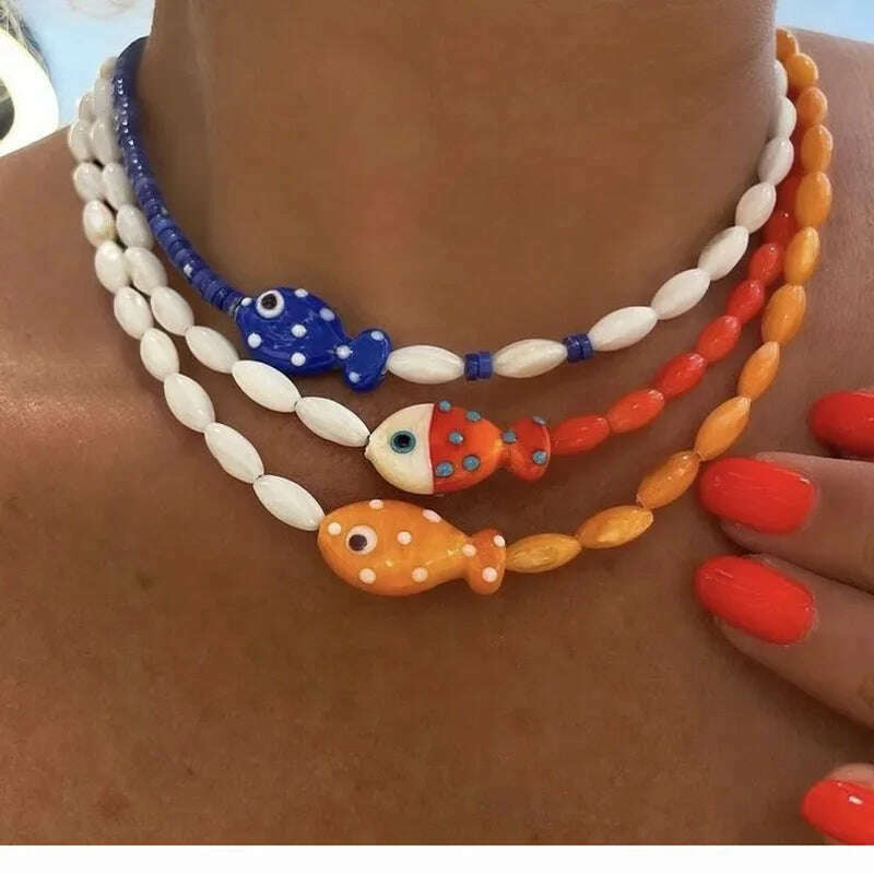 KIMLUD, Bohemian Colorful Glaze Fish Pendant for Women Striped Beaded Necklace Seaside Vacation Party Accessories, KIMLUD Womens Clothes