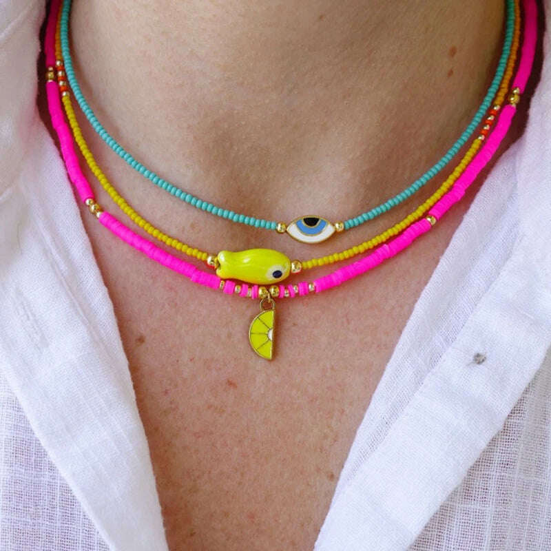 KIMLUD, Bohemian Colorful Glaze Fish Pendant for Women Striped Beaded Necklace Seaside Vacation Party Accessories, KIMLUD Womens Clothes