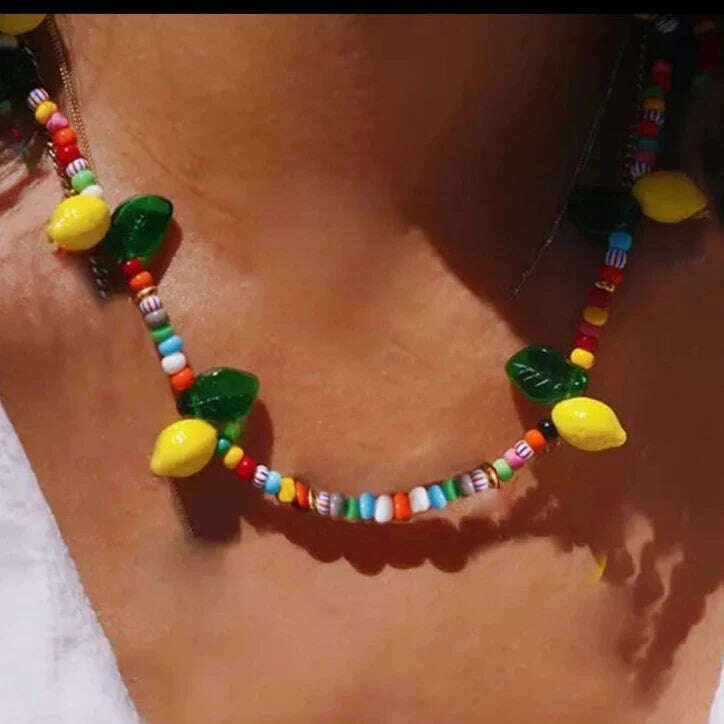 KIMLUD, Bohemian Colorful Glaze Fish Pendant for Women Striped Beaded Necklace Seaside Vacation Party Accessories, necklace 11, KIMLUD APPAREL - Womens Clothes