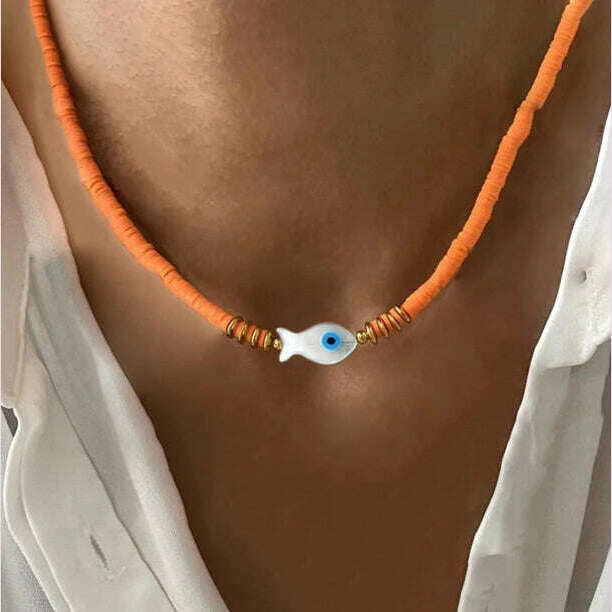 KIMLUD, Bohemian Colorful Glaze Fish Pendant for Women Striped Beaded Necklace Seaside Vacation Party Accessories, necklace 12, KIMLUD APPAREL - Womens Clothes