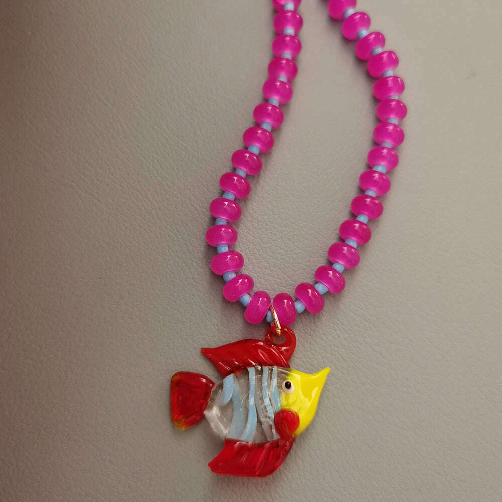 KIMLUD, Bohemian Colorful Glaze Fish Pendant for Women Striped Beaded Necklace Seaside Vacation Party Accessories, necklace 15, KIMLUD APPAREL - Womens Clothes