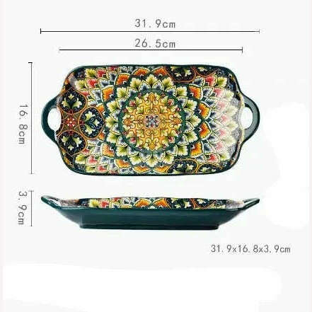 KIMLUD, Bohemian Double Ear Kitchen Household Steamed Fish Plate Ceramic Tableware Rectangular Dining Plate Vegetable Plate, E, KIMLUD Womens Clothes