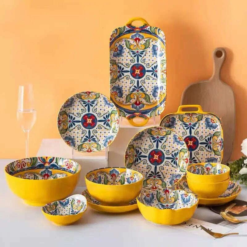 Bohemian Style Ceramic Tableware Combination Set High Color Household Ceramic Rice Bowl Vegetable Plate Noodle Bowl - KIMLUD