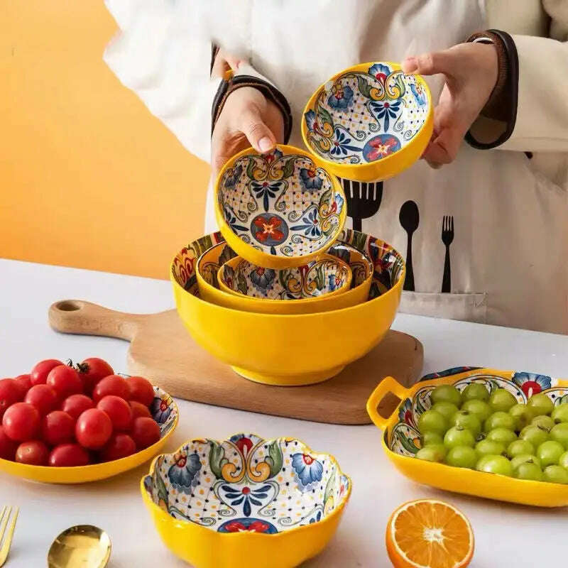 Bohemian Style Ceramic Tableware Combination Set High Color Household Ceramic Rice Bowl Vegetable Plate Noodle Bowl - KIMLUD