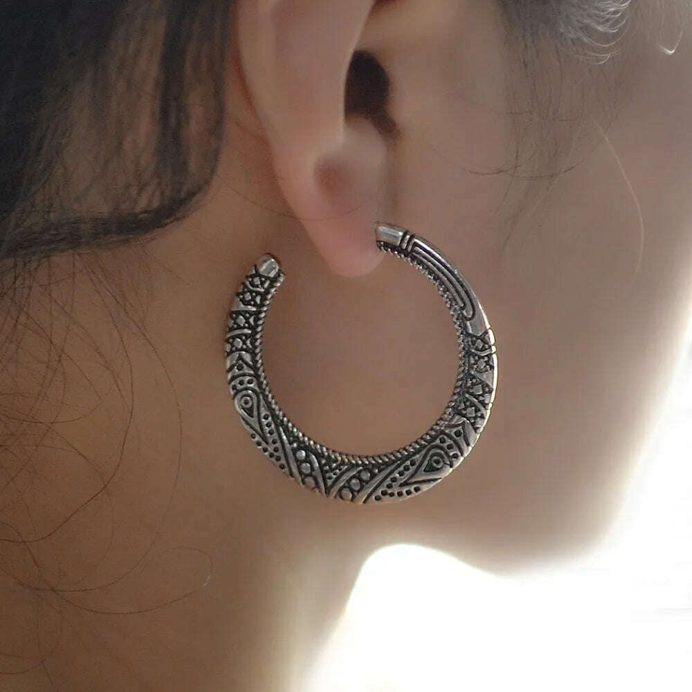 Bohemian Vintage Big Circle Round Hook Jhumka Earrings carved flower earrings For Women Bijoux Earrings Ethnic Indian Jewelry - KIMLUD