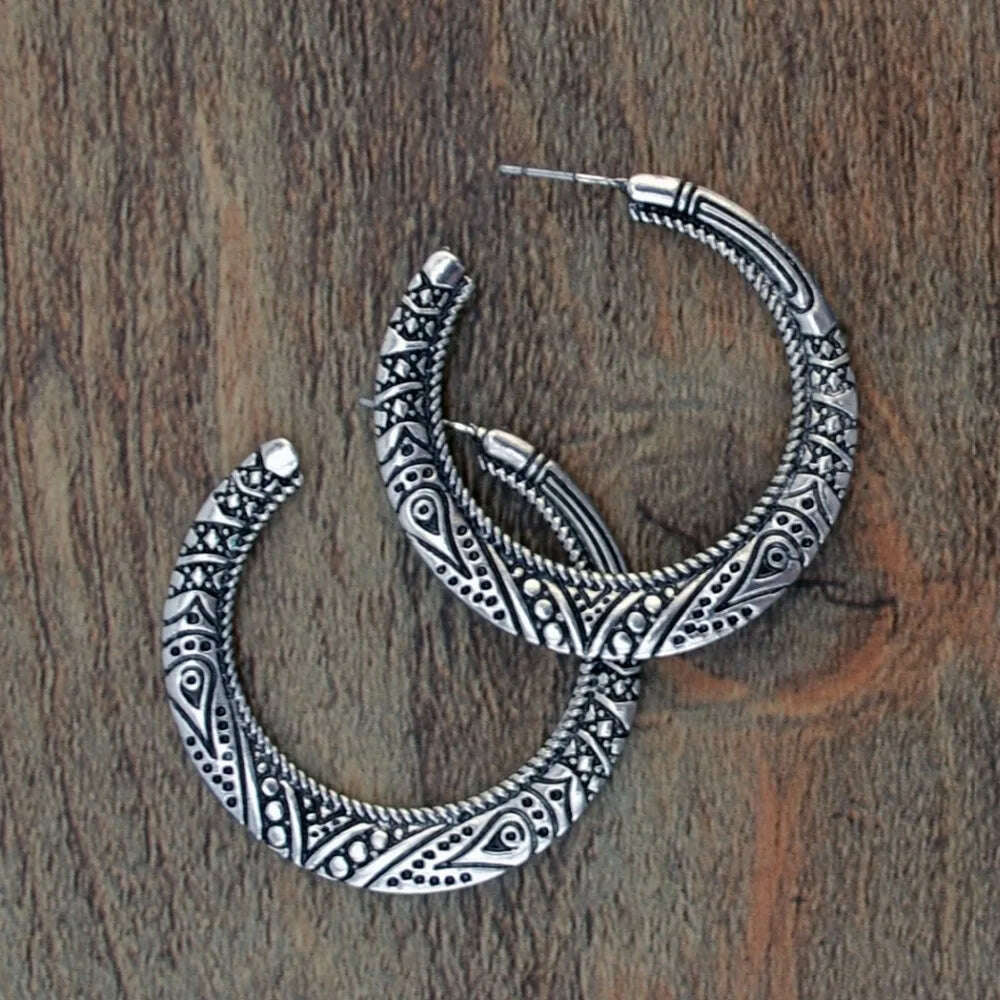 Bohemian Vintage Big Circle Round Hook Jhumka Earrings carved flower earrings For Women Bijoux Earrings Ethnic Indian Jewelry - KIMLUD