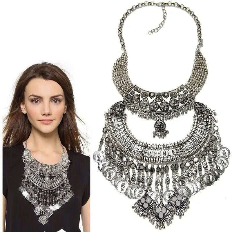 Bohemian Vintage Choker Necklace Women Indian Ethnic Statement Large Collar Necklaces Pendant Maxi Gypsy Big Choker Necklace - KIMLUD