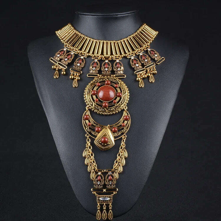Bohemian Vintage Women's Necklace Gems Exaggerate Ethnic Traditional Necklace Accessories Long Tassels Jewelry Gifts - KIMLUD