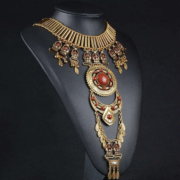 Bohemian Vintage Women's Necklace Gems Exaggerate Ethnic Traditional Necklace Accessories Long Tassels Jewelry Gifts - KIMLUD
