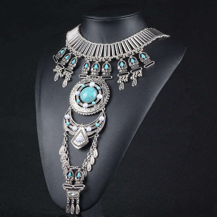 Bohemian Vintage Women's Necklace Gems Exaggerate Ethnic Traditional Necklace Accessories Long Tassels Jewelry Gifts - KIMLUD