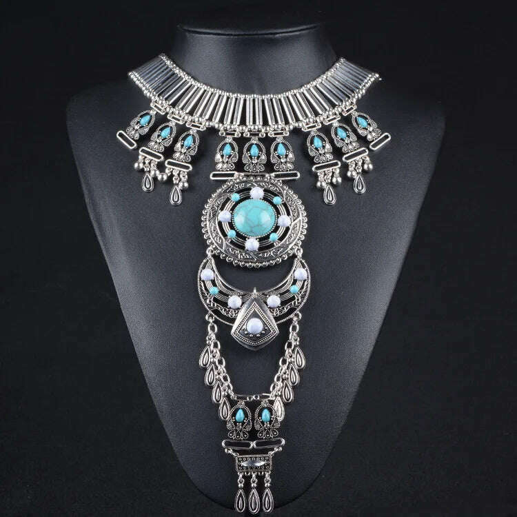 Bohemian Vintage Women's Necklace Gems Exaggerate Ethnic Traditional Necklace Accessories Long Tassels Jewelry Gifts - KIMLUD