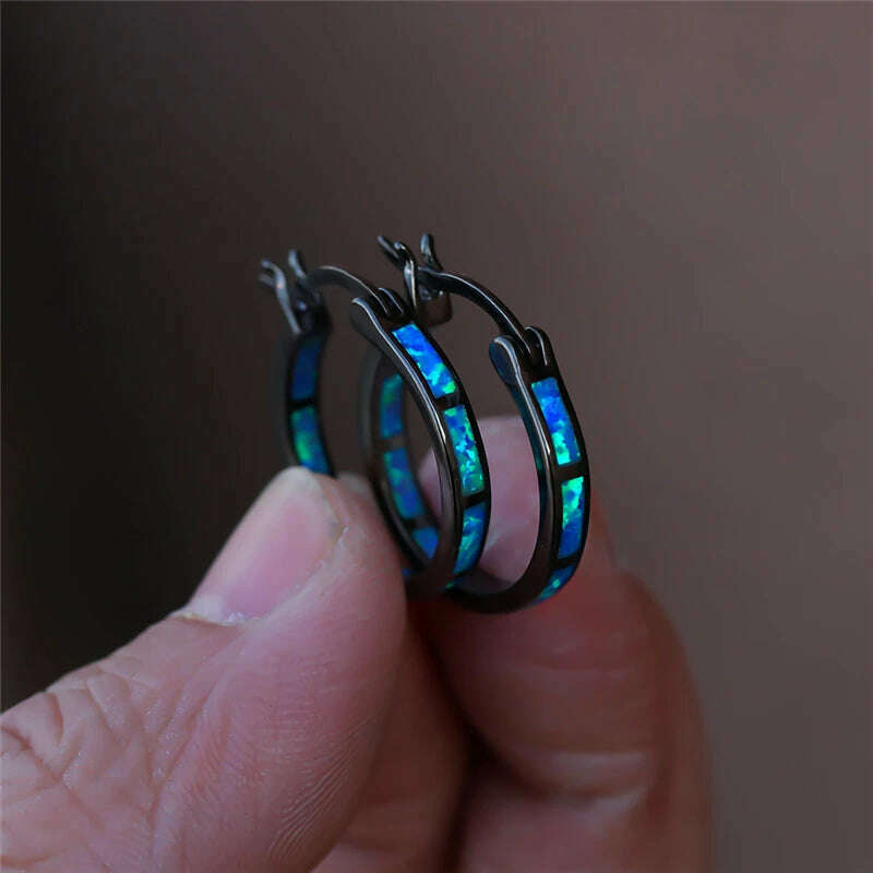 Boho Female Blue White Opal Jewelry Yellow Gold Color Wedding Earrings For Women Vintage Bride Round Big Hoop Earring - KIMLUD