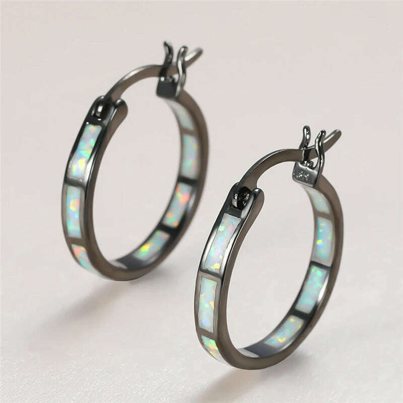Boho Female Blue White Opal Jewelry Yellow Gold Color Wedding Earrings For Women Vintage Bride Round Big Hoop Earring - KIMLUD