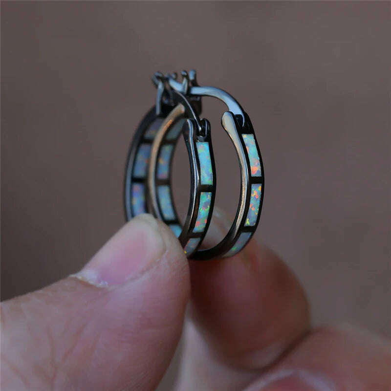 Boho Female Blue White Opal Jewelry Yellow Gold Color Wedding Earrings For Women Vintage Bride Round Big Hoop Earring - KIMLUD