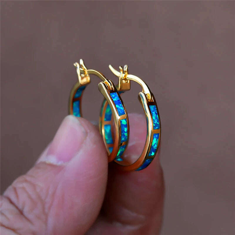 Boho Female Blue White Opal Jewelry Yellow Gold Color Wedding Earrings For Women Vintage Bride Round Big Hoop Earring - KIMLUD