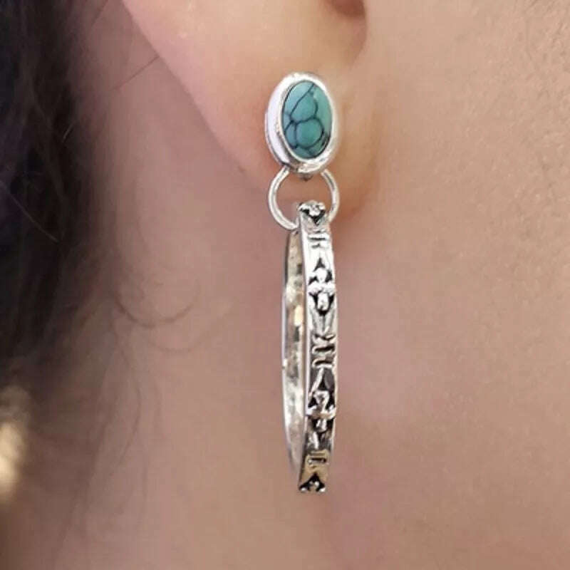 KIMLUD, Boho Handmade Silver Color Red & Blue  Beaded Hoop Dangle Earrings for Women Antique Metal Earrings Jewelry, KIMLUD Women's Clothes