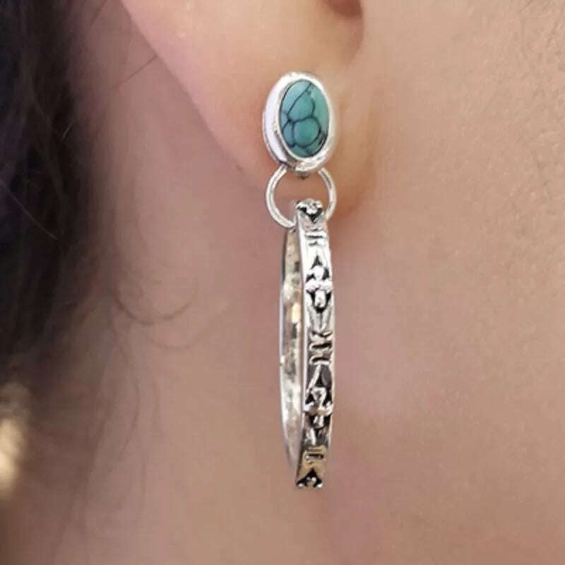 Boho Handmade Silver Color Red & Blue Beaded Hoop Dangle Earrings for Women Antique Metal Earrings Jewelry - KIMLUD