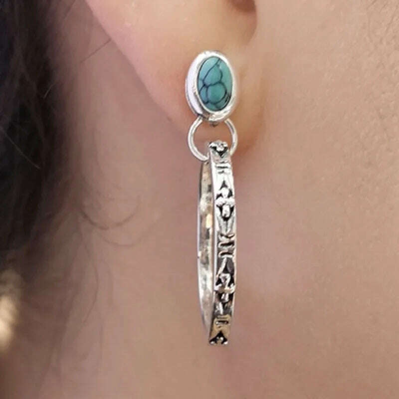 Boho Handmade Silver Color Red & Blue Beaded Hoop Dangle Earrings for Women Antique Metal Earrings Jewelry - KIMLUD