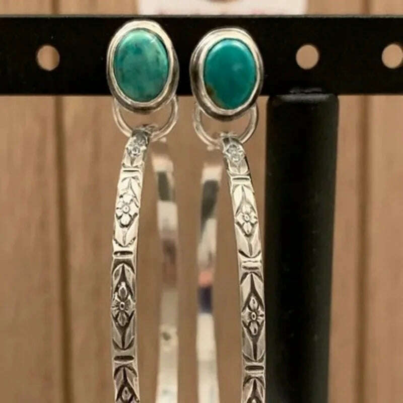 Boho Handmade Silver Color Red & Blue Beaded Hoop Dangle Earrings for Women Antique Metal Earrings Jewelry - KIMLUD