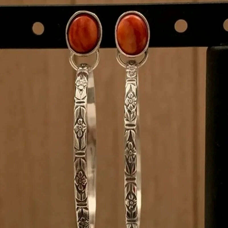 Boho Handmade Silver Color Red & Blue Beaded Hoop Dangle Earrings for Women Antique Metal Earrings Jewelry - KIMLUD