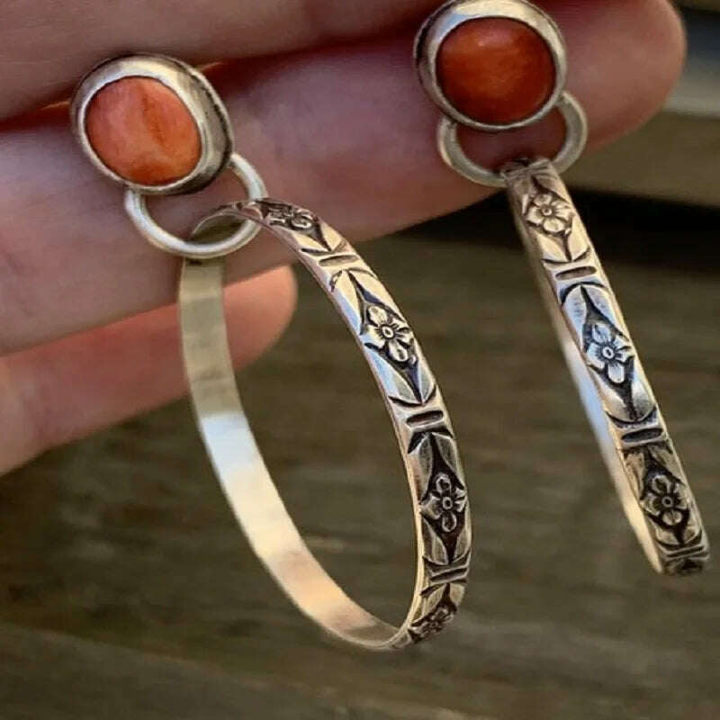 Boho Handmade Silver Color Red & Blue Beaded Hoop Dangle Earrings for Women Antique Metal Earrings Jewelry - KIMLUD