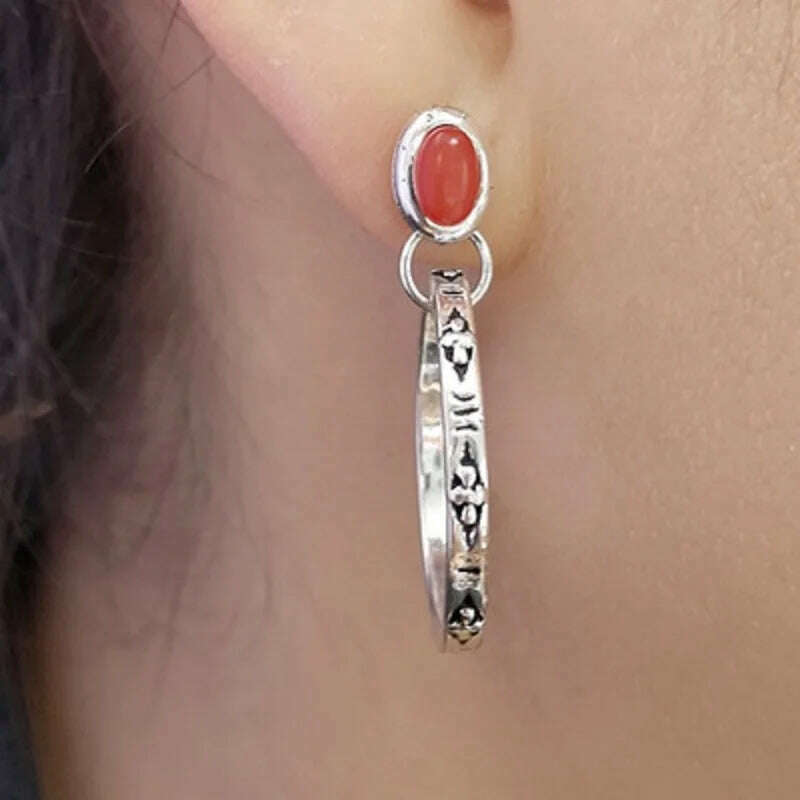 Boho Handmade Silver Color Red & Blue Beaded Hoop Dangle Earrings for Women Antique Metal Earrings Jewelry - KIMLUD