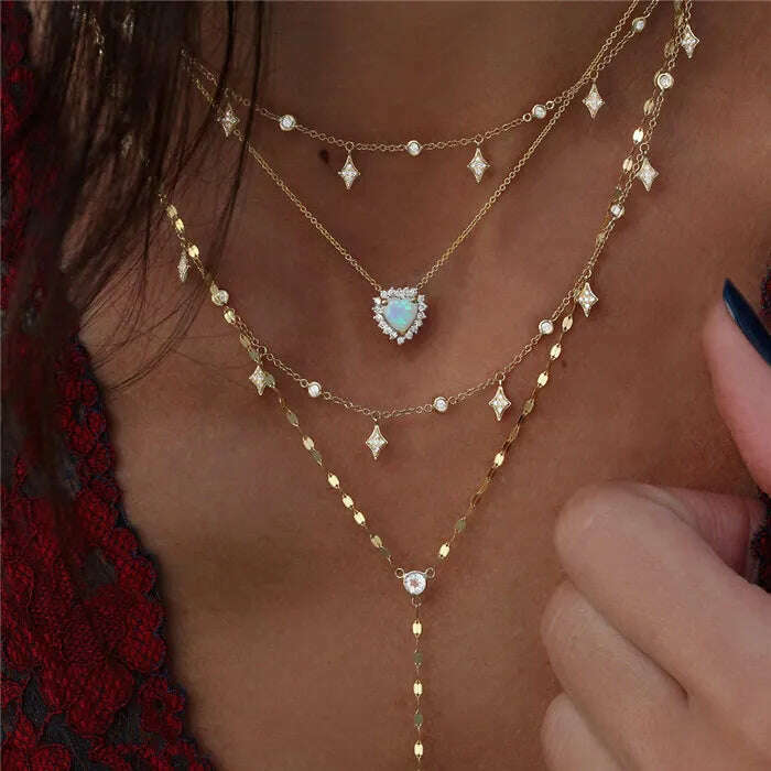 KIMLUD, Boho Multi-element Crystal Necklaces For Women Fashion Gold-plate Necklace Vintage Multiple Layers Pendant Necklace Jewelry Gift, NE-0002-22, KIMLUD Womens Clothes
