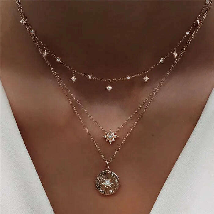 KIMLUD, Boho Multi-element Crystal Necklaces For Women Fashion Gold-plate Necklace Vintage Multiple Layers Pendant Necklace Jewelry Gift, NE-0002-24, KIMLUD Womens Clothes