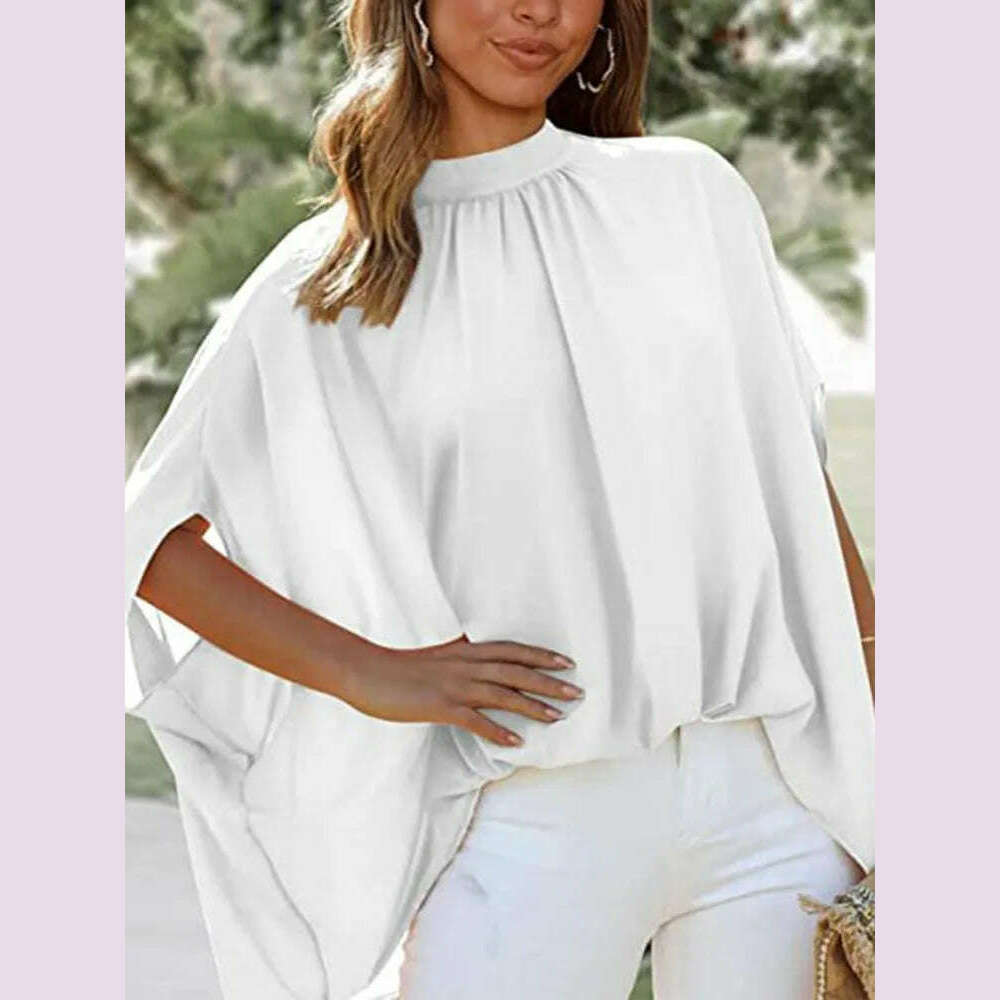 KIMLUD, Boho Women's Blouse Elegant Short Sleeve Loose Fashion O-neck White Femme Top Casual Chiffon Blouses For Women 2023 New Summer, WHITE / S, KIMLUD APPAREL - Womens Clothes