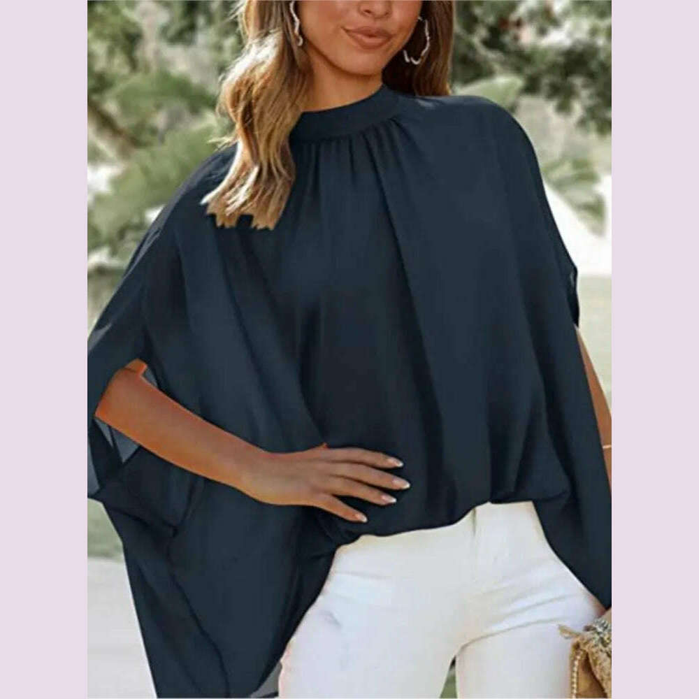 KIMLUD, Boho Women's Blouse Elegant Short Sleeve Loose Fashion O-neck White Femme Top Casual Chiffon Blouses For Women 2023 New Summer, Navy Blue / M, KIMLUD APPAREL - Womens Clothes