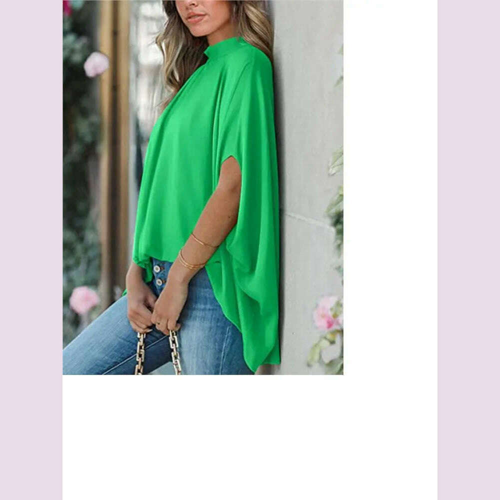 KIMLUD, Boho Women's Blouse Elegant Short Sleeve Loose Fashion O-neck White Femme Top Casual Chiffon Blouses For Women 2023 New Summer, Green / S, KIMLUD APPAREL - Womens Clothes