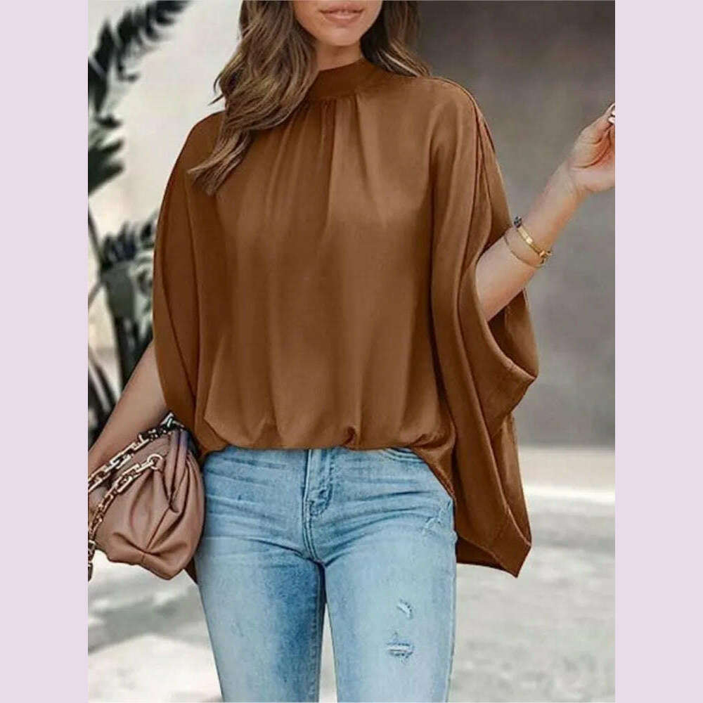 KIMLUD, Boho Women's Blouse Elegant Short Sleeve Loose Fashion O-neck White Femme Top Casual Chiffon Blouses For Women 2023 New Summer, Khaki / XL, KIMLUD APPAREL - Womens Clothes
