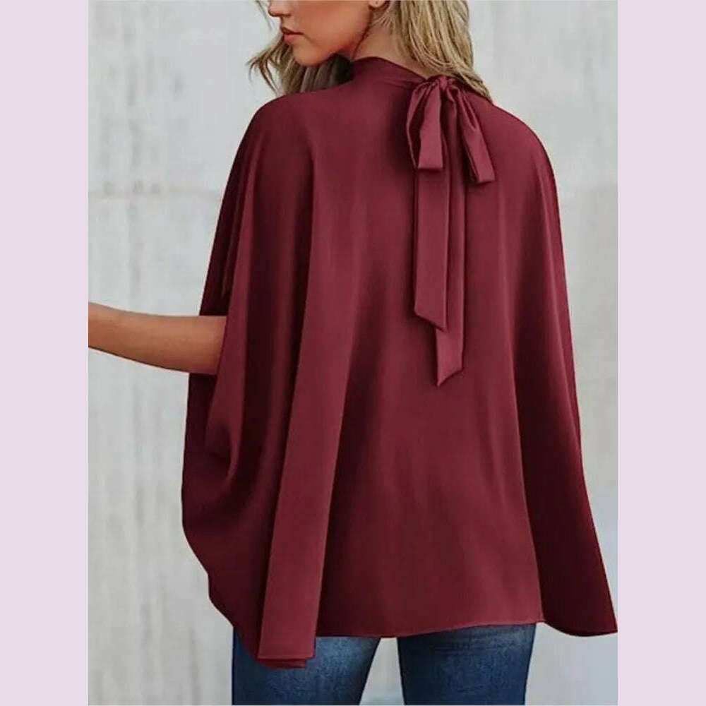 KIMLUD, Boho Women's Blouse Elegant Short Sleeve Loose Fashion O-neck White Femme Top Casual Chiffon Blouses For Women 2023 New Summer, Claret / M, KIMLUD APPAREL - Womens Clothes