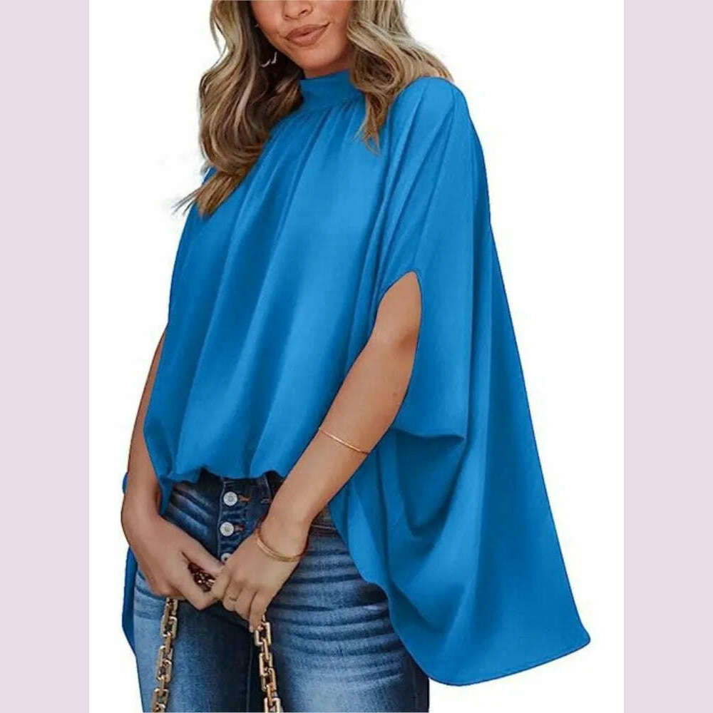 KIMLUD, Boho Women's Blouse Elegant Short Sleeve Loose Fashion O-neck White Femme Top Casual Chiffon Blouses For Women 2023 New Summer, DEEP BLUE / XL, KIMLUD APPAREL - Womens Clothes