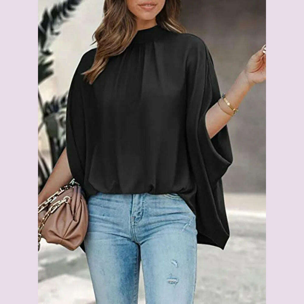 KIMLUD, Boho Women's Blouse Elegant Short Sleeve Loose Fashion O-neck White Femme Top Casual Chiffon Blouses For Women 2023 New Summer, Black / XL, KIMLUD APPAREL - Womens Clothes