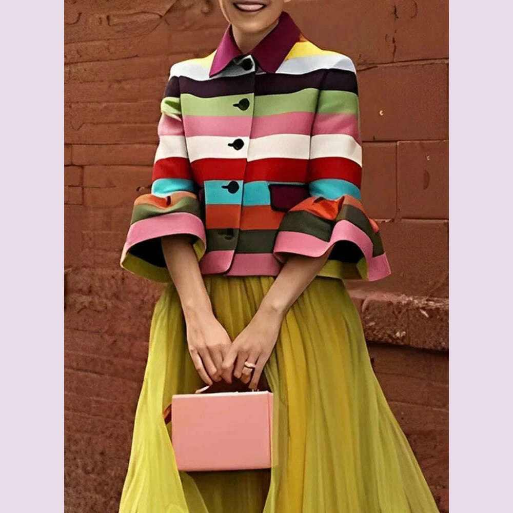Bohohipei 2024 New Vintage Elegant Multi-Colored Striped Lapel Jackets Women Spring Flared Sleeves Party Evening Outerwears - KIMLUD