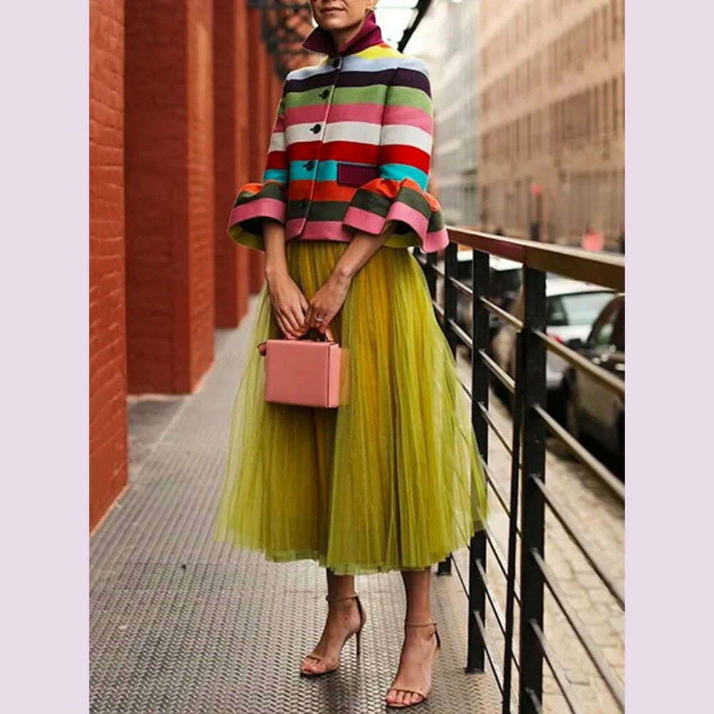 Bohohipei 2024 New Vintage Elegant Multi-Colored Striped Lapel Jackets Women Spring Flared Sleeves Party Evening Outerwears - KIMLUD