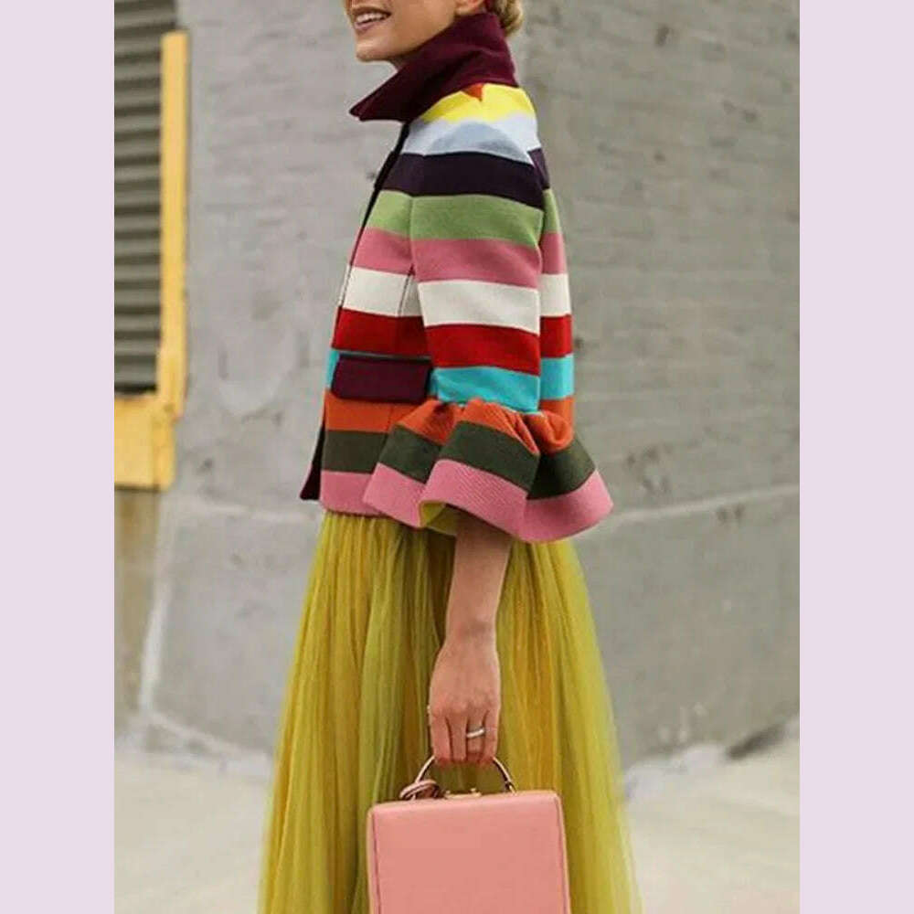 Bohohipei 2024 New Vintage Elegant Multi-Colored Striped Lapel Jackets Women Spring Flared Sleeves Party Evening Outerwears - KIMLUD
