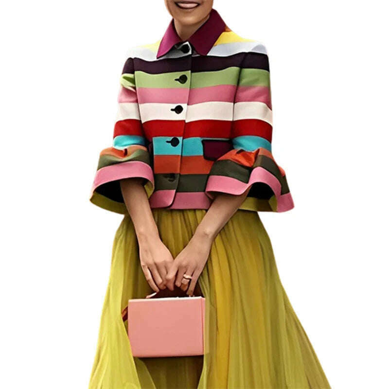 Bohohipei 2024 New Vintage Elegant Multi-Colored Striped Lapel Jackets Women Spring Flared Sleeves Party Evening Outerwears - KIMLUD