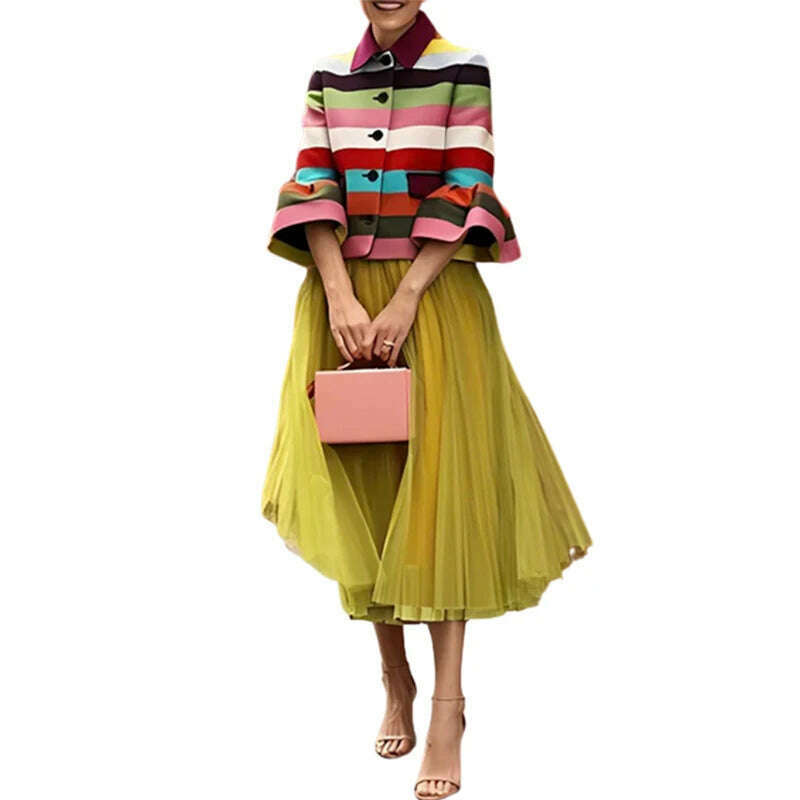 Bohohipei 2024 New Vintage Elegant Multi-Colored Striped Lapel Jackets Women Spring Flared Sleeves Party Evening Outerwears - KIMLUD