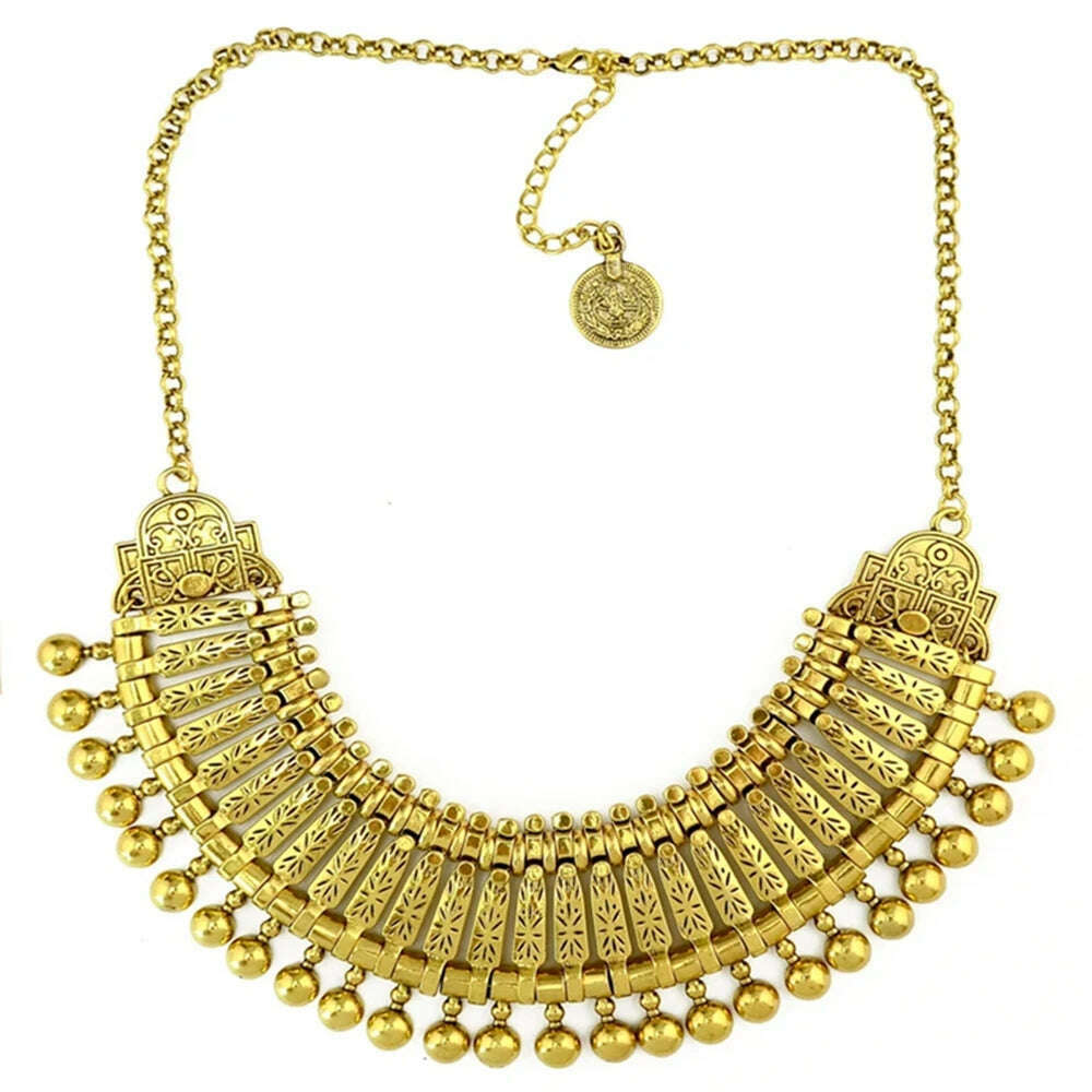 KIMLUD, Bohojewelry Store New Vintage Style Silver Retro Golden Carving Round Charm Ball Coin Zamac Choker Necklace, N-3974-VG, KIMLUD APPAREL - Womens Clothes