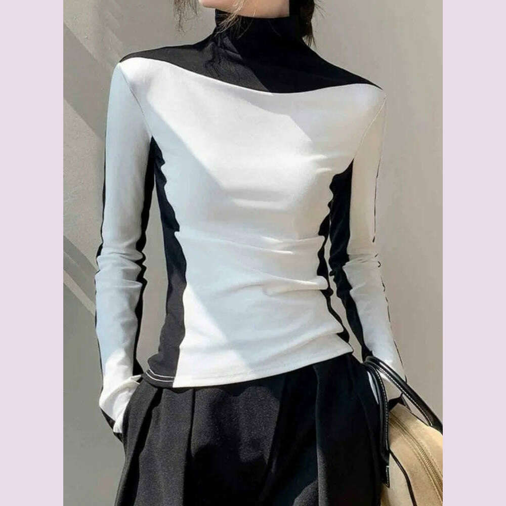 KIMLUD, Bonboho 2025 Spring Temperament Women's Tops Black and White Contrast Color T-shirt High Neck Long Sleeves Slim Fit Shits, White Black / XL, KIMLUD APPAREL - Womens Clothes