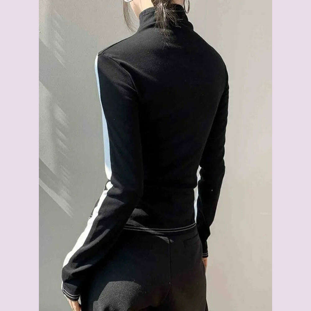 KIMLUD, Bonboho 2025 Spring Temperament Women's Tops Black and White Contrast Color T-shirt High Neck Long Sleeves Slim Fit Shits, KIMLUD Womens Clothes