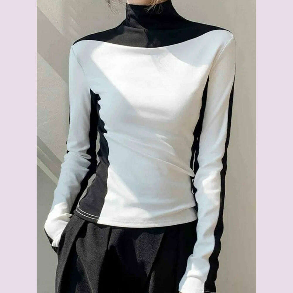 KIMLUD, Bonboho 2025 Spring Temperament Women's Tops Black and White Contrast Color T-shirt High Neck Long Sleeves Slim Fit Shits, KIMLUD Womens Clothes