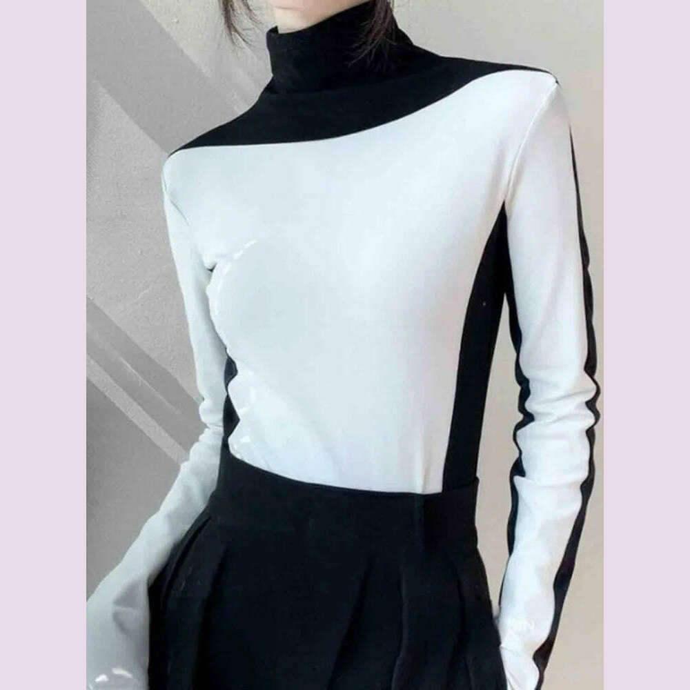 KIMLUD, Bonboho 2025 Spring Temperament Women's Tops Black and White Contrast Color T-shirt High Neck Long Sleeves Slim Fit Shits, KIMLUD Womens Clothes