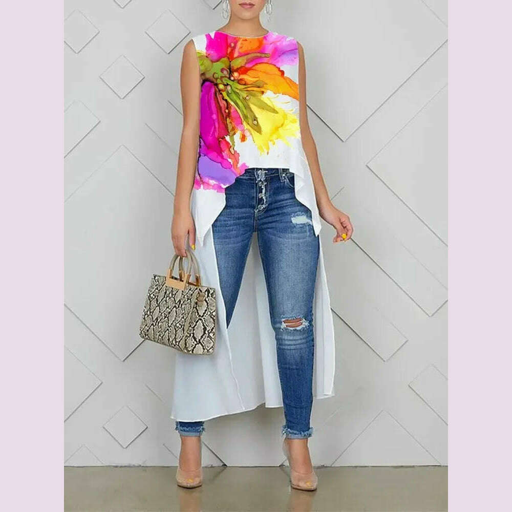 KIMLUD, Bonboho Women's Summer Fashion Vest Top Round Neck Floral Print Extra-long Shirts A-line Pleated T-shirt 2025 New for Female, WHITE / XL, KIMLUD APPAREL - Womens Clothes
