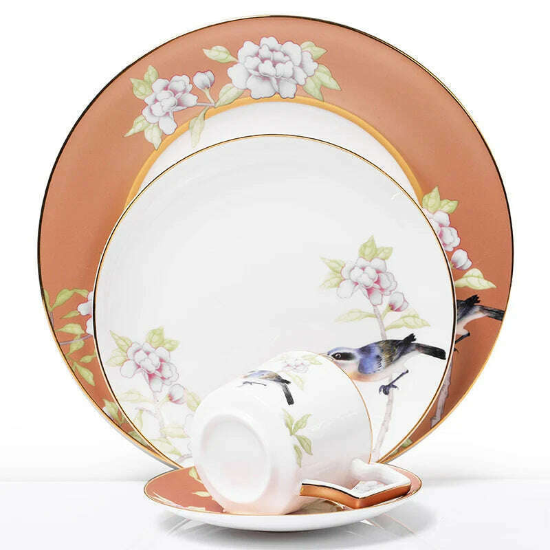 KIMLUD, Bone China Tableware Set Peony Cold Dish Cuckoo Cup Set Golden Edge Steak Tray Chinese Style Dinner Plate Flower Bird Coffee Cup, KIMLUD Womens Clothes