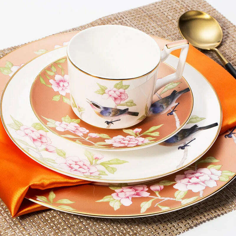 KIMLUD, Bone China Tableware Set Peony Cold Dish Cuckoo Cup Set Golden Edge Steak Tray Chinese Style Dinner Plate Flower Bird Coffee Cup, KIMLUD Womens Clothes