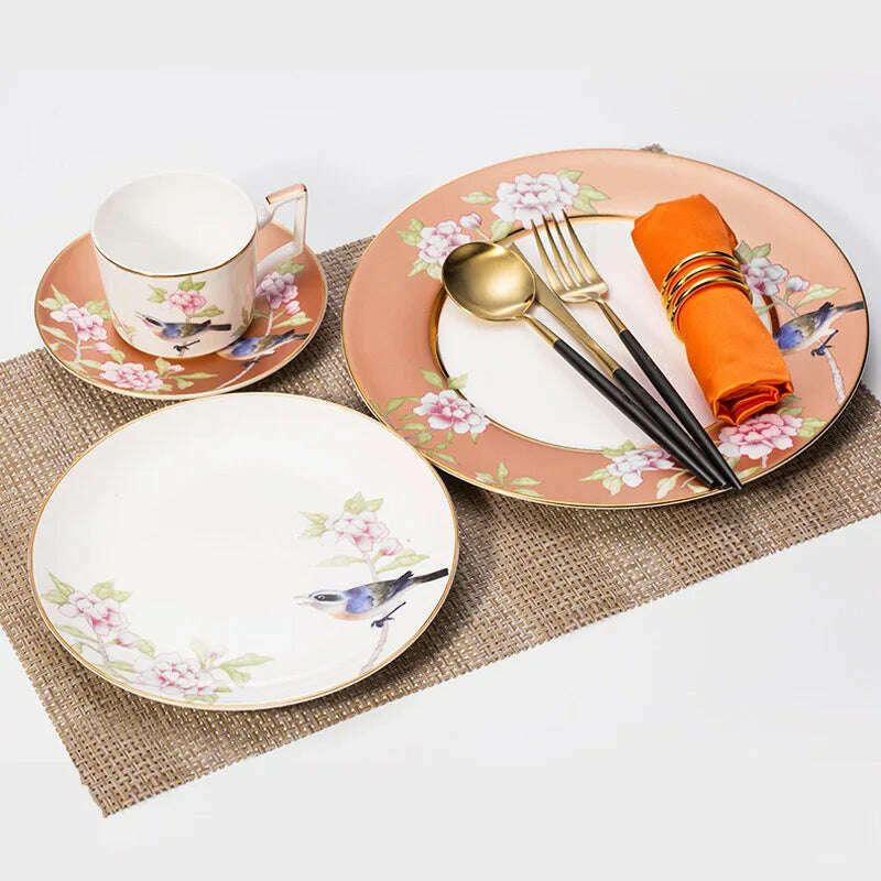 KIMLUD, Bone China Tableware Set Peony Cold Dish Cuckoo Cup Set Golden Edge Steak Tray Chinese Style Dinner Plate Flower Bird Coffee Cup, KIMLUD Womens Clothes