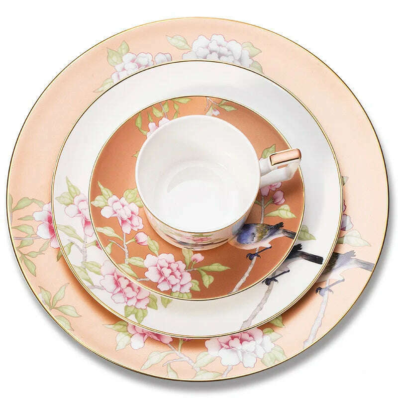 KIMLUD, Bone China Tableware Set Peony Cold Dish Cuckoo Cup Set Golden Edge Steak Tray Chinese Style Dinner Plate Flower Bird Coffee Cup, KIMLUD Womens Clothes